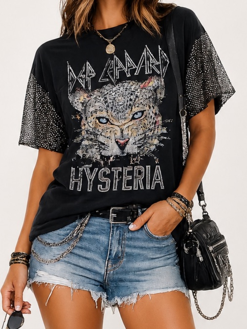 Def Leppard Hysteria Graphic Tee Rhinestone Mesh Sleeve Black Size L